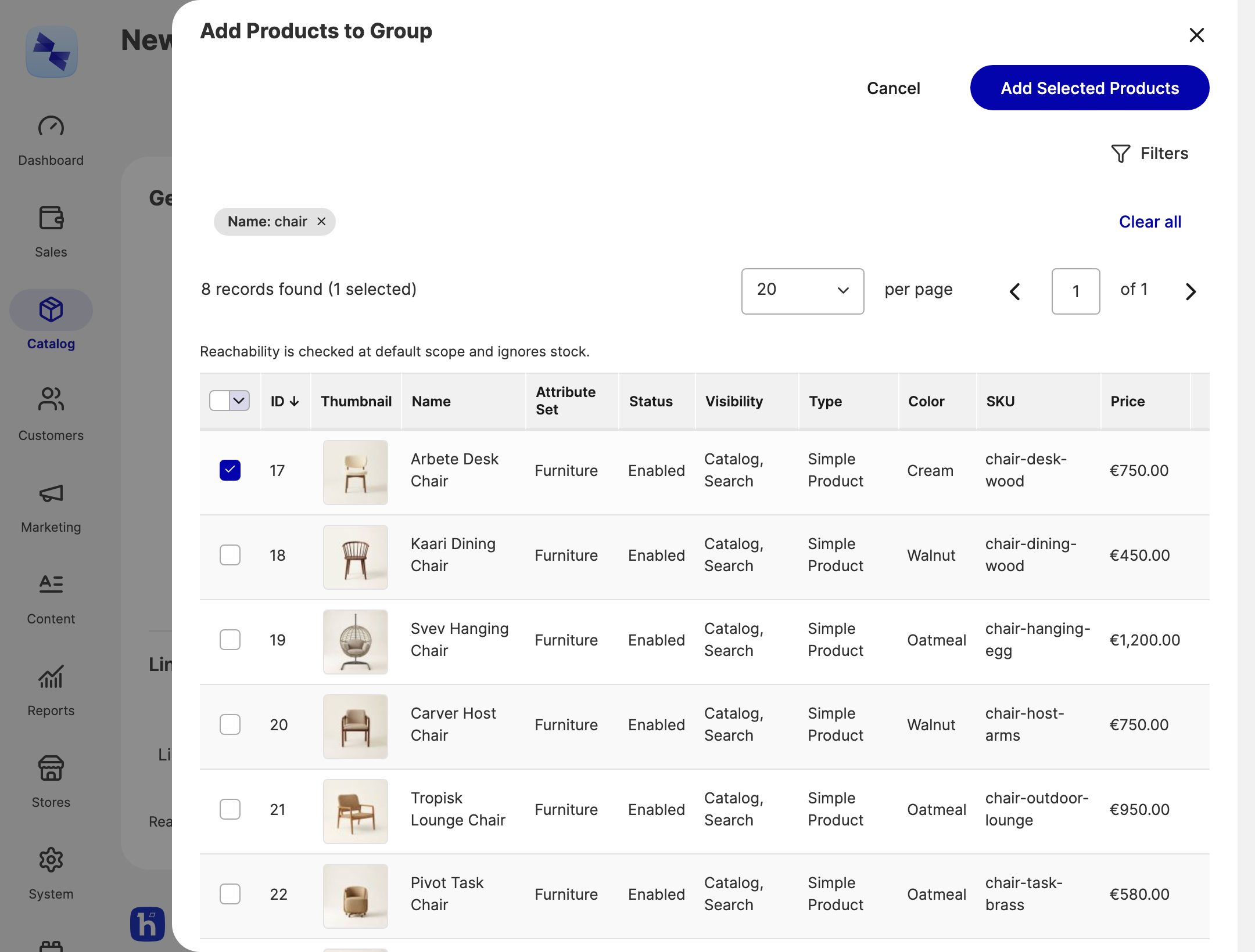 Picking products to add to a group Add Products to Group panel
