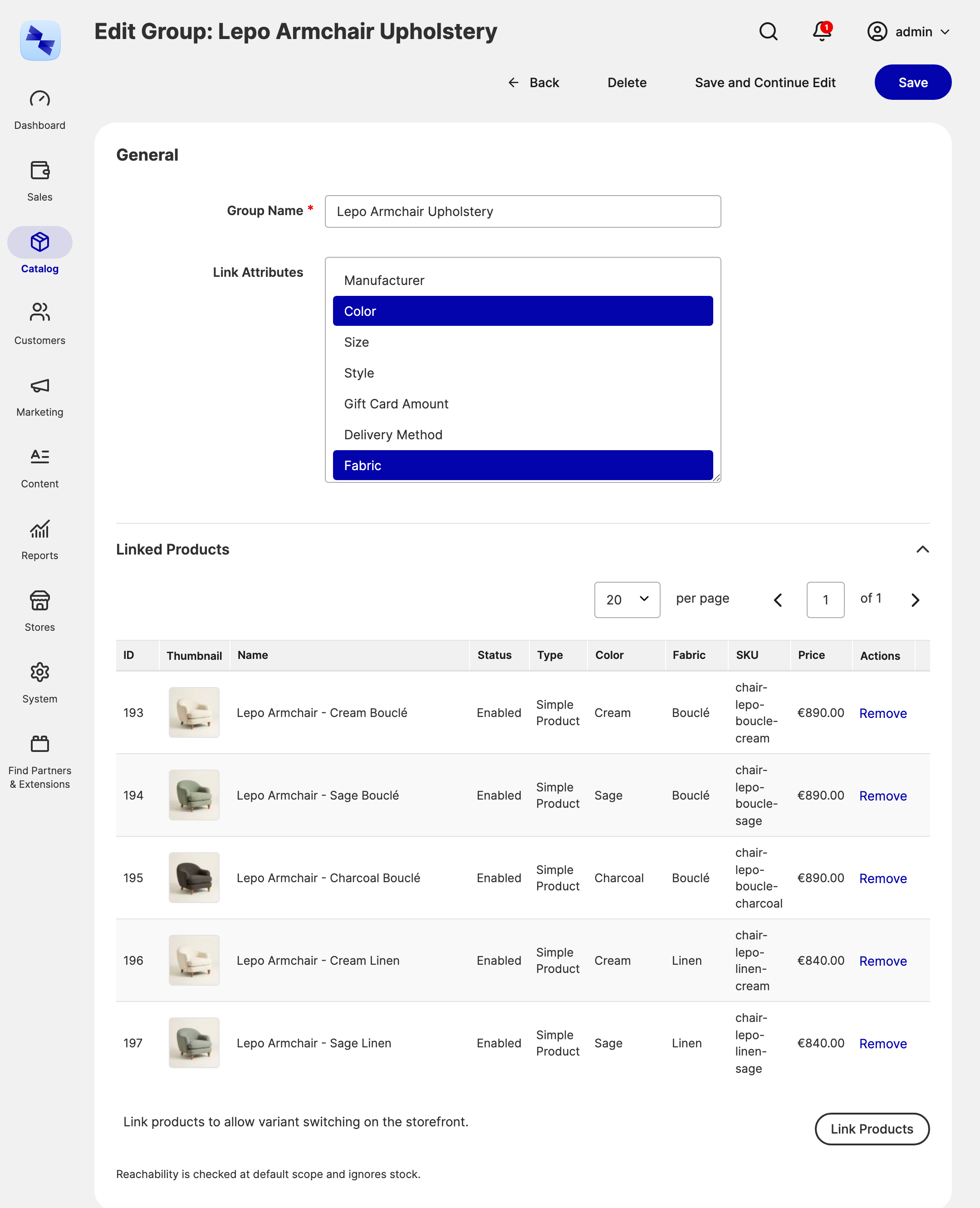 A group with Color and Fabric as link attributes Editing a Linked Product Group