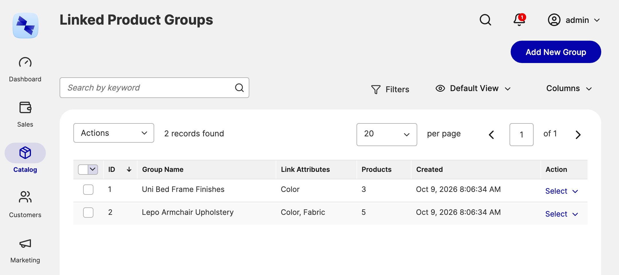 The Linked Product Groups grid Linked Product Groups grid
