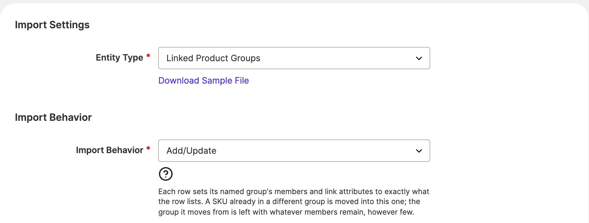 The Linked Product Groups entity and its Add/Update behavior Linked Product Groups on the Import page