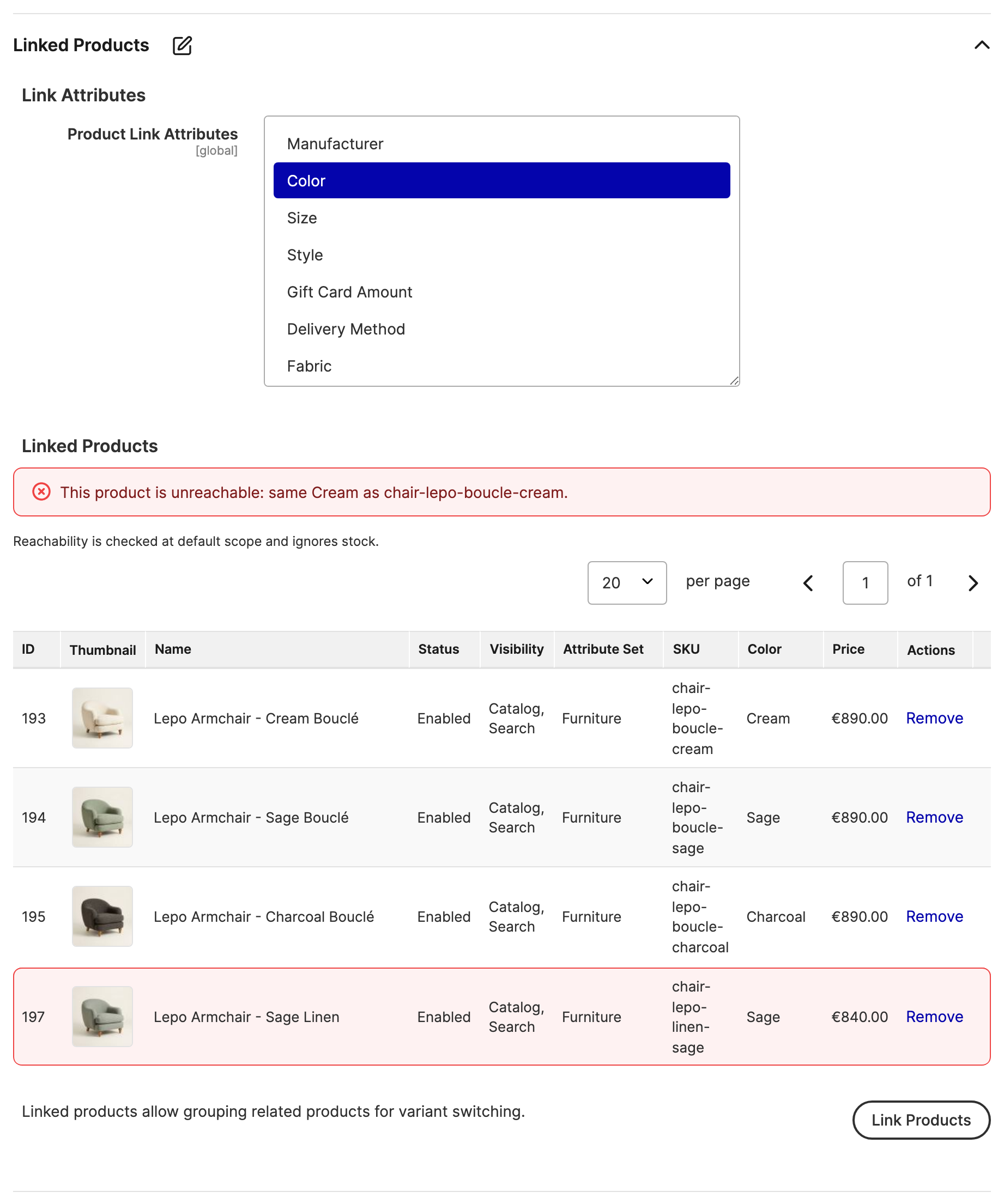 The banner and the reachability note Unreachable product banner on the Product Edit page