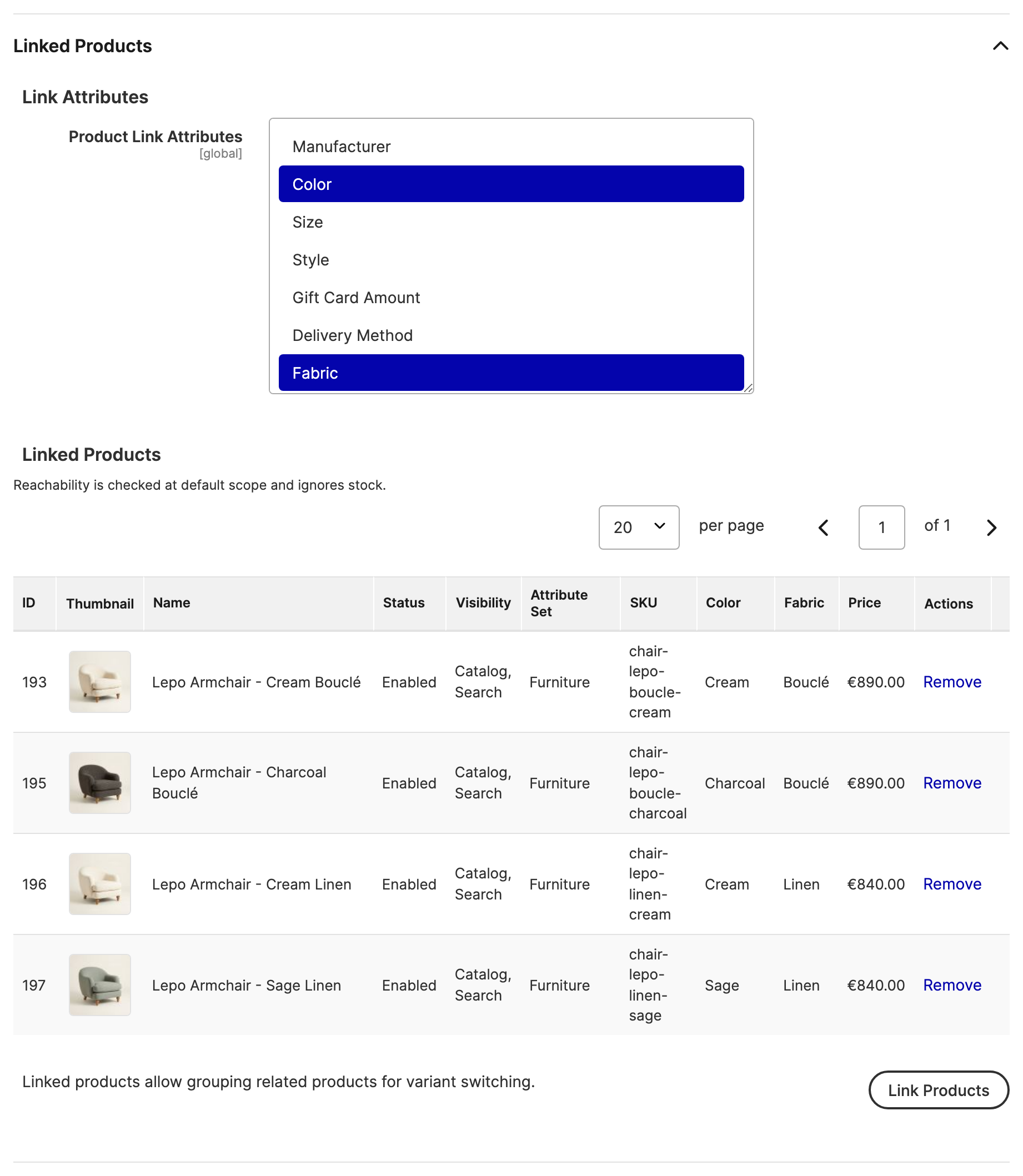 The Linked Products section of a product in a five-product group Linked Products section on the Product Edit page