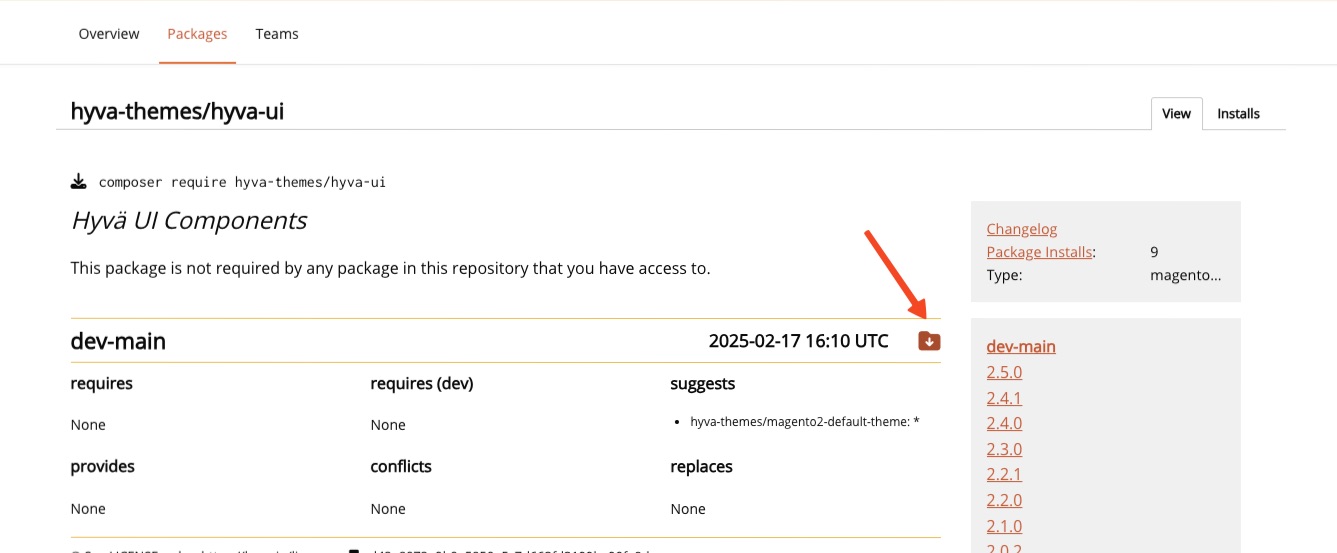 Screenshot showing the download icon for hyva-ui on Packagist